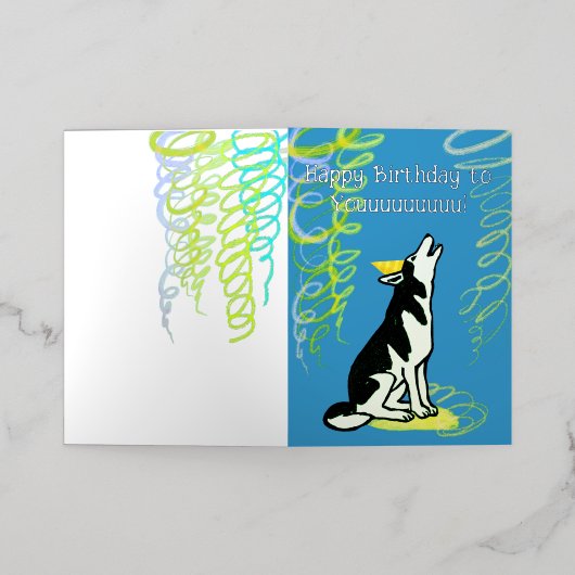 ハスキーハッピーバースデー折り畳みフォイルホリデーカード 箔シーズンカード (外側レイダウン)