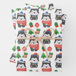 ハスキーパピードッグサンタフェスティバルホリデークリスマス ラッピングペーパーシート