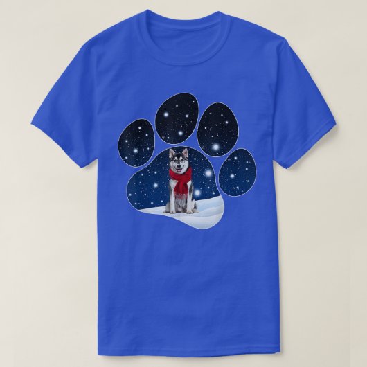 ハスキー冬の白雪手犬のクリスマス Tシャツ (デザイン正面)
