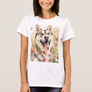 ハスキー女性のTシャツ – 水彩犬Tシャツ Tシャツ