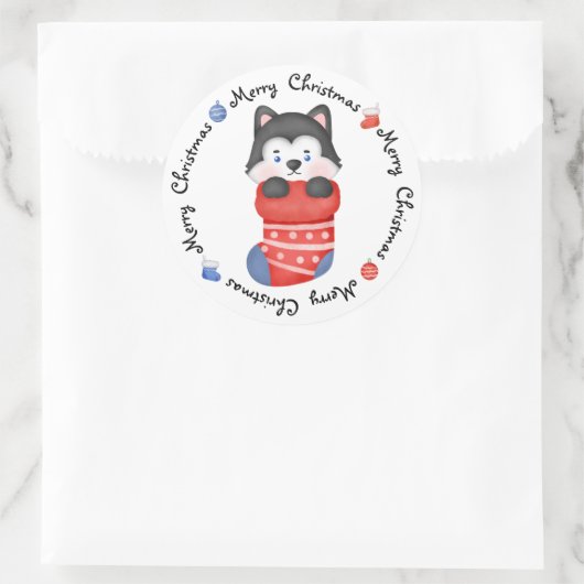 ハスキー子犬かわいいフェスティバルメリークリスマス ラウンドシール (バッグ)