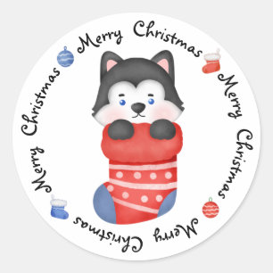 ハスキー子犬かわいいフェスティバルメリークリスマス ラウンドシール