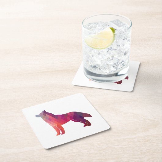 ハスキー犬がジオを育てるシルエットパープルピンク スクエアペーパーコースター (インサイチュ)