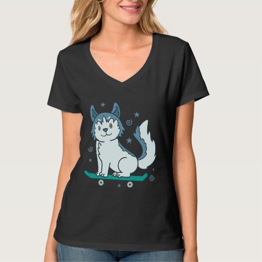 ハスキー犬がスケートボードを愛する Tシャツ (正面)