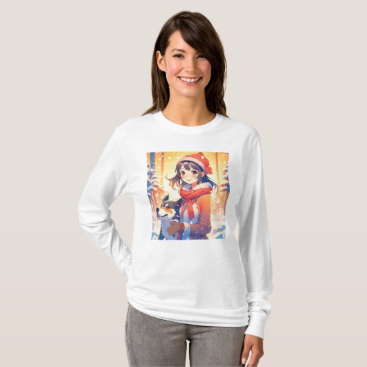 ハスキー犬のクリスマスを飾る美しいアニメガール Tシャツ (正面フル)