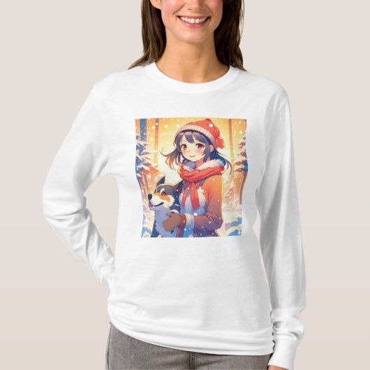 ハスキー犬のクリスマスを飾る美しいアニメガール Tシャツ (正面)