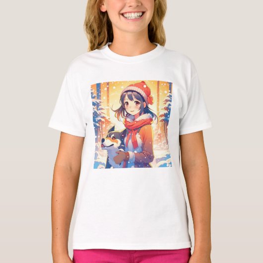 ハスキー犬のクリスマスを飾る美しいアニメガール Tシャツ (正面)