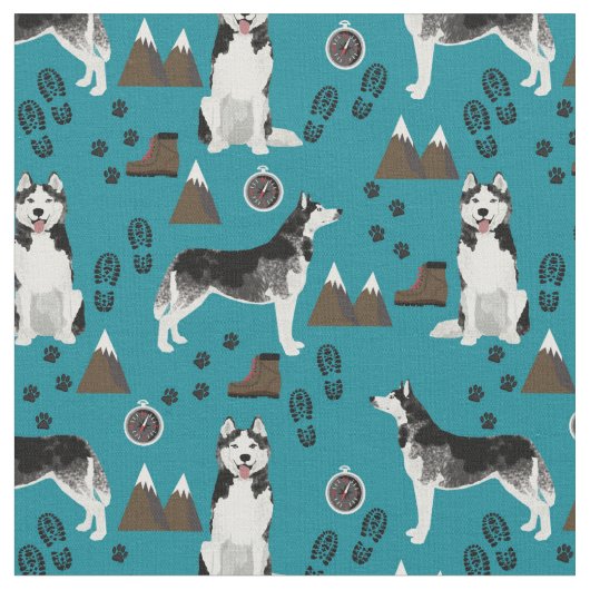 ハスキー犬のハイキング模様 ファブリック (クローズアップ)