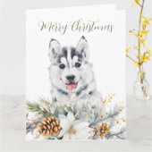 ハスキー犬のフローラクリスマス折り返しグリーティングカード カード (黄色い花)