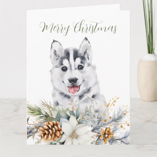ハスキー犬のフローラクリスマス折り返しグリーティングカード カード (正面)