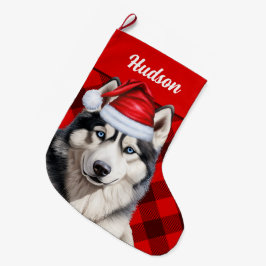 ハスキー犬の名前レッドバッファロープレイドパーソナライズされた ラージクリスマスストッキング
