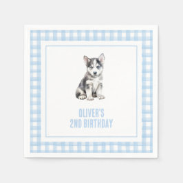 ハスキー犬の子犬のプレッピー柄の誕生日 スタンダードカクテルナプキン
