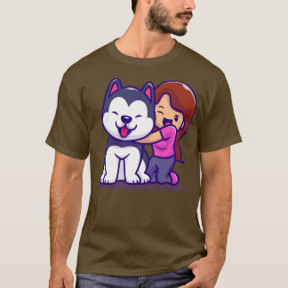 ハスキー犬を飼ったかわいい女の子 Tシャツ