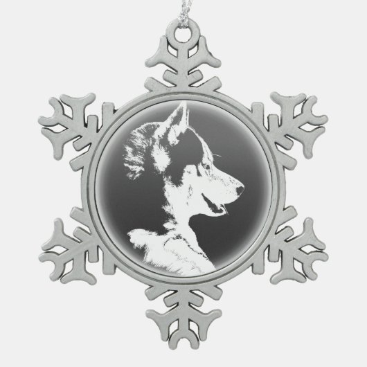 ハスキー犬オーナメントカスタムハスキー子犬の装飾 スノーフレークピューターオーナメント (正面)