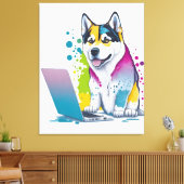 ハスキー犬コンピュータ虹の水の色の技術精通 キャンバスプリント (インサイチュ (リビング))