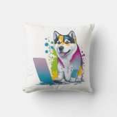 ハスキー犬コンピュータ虹の水の色の技術精通 クッション (正面)