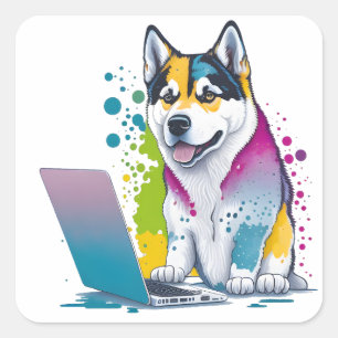 ハスキー犬コンピュータ虹の水の色の技術精通 スクエアシール