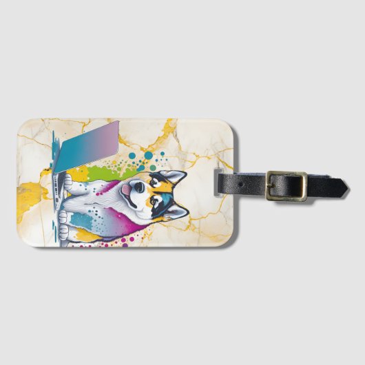 ハスキー犬コンピュータ虹の水の色の技術精通 ラゲッジタグ (正面横)