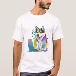 ハスキー犬コンピュータ虹の水の色の技術精通 Tシャツ