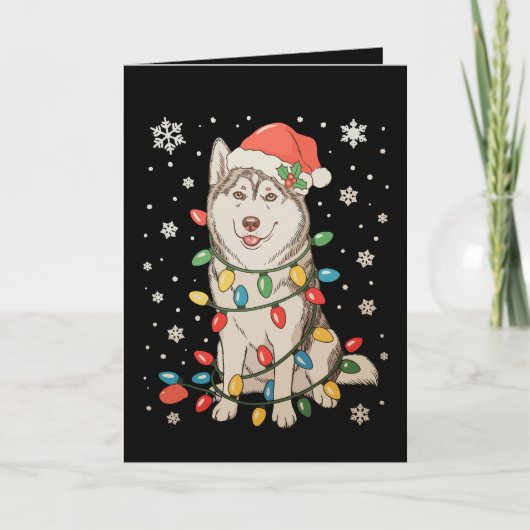 ハスキー犬サンタ帽子クリスマスツリーライト クリスマス カード (正面)