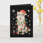 ハスキー犬サンタ帽子クリスマスツリーライト クリスマス カード (黄色い花)