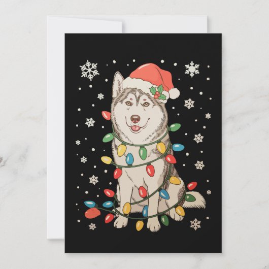 ハスキー犬サンタ帽子 クリスマスツリーライト クリスマス 招待状 (正面)