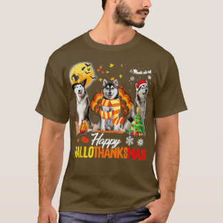 ハスキー犬ハッピーハロ感謝祭ハロウィーンサンクスギフ Tシャツ
