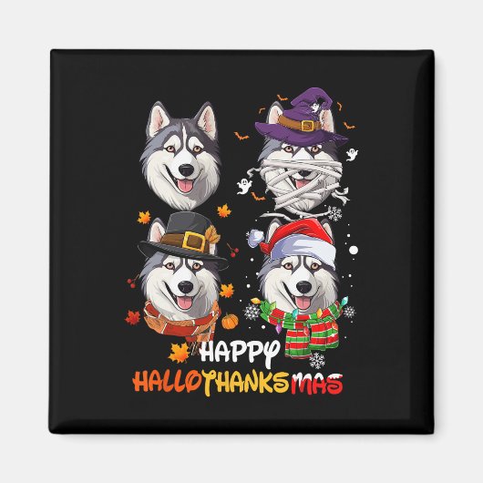 ハスキー犬ハロ感謝祭ハロウィンサンクスギビングXm マグネット (正面)