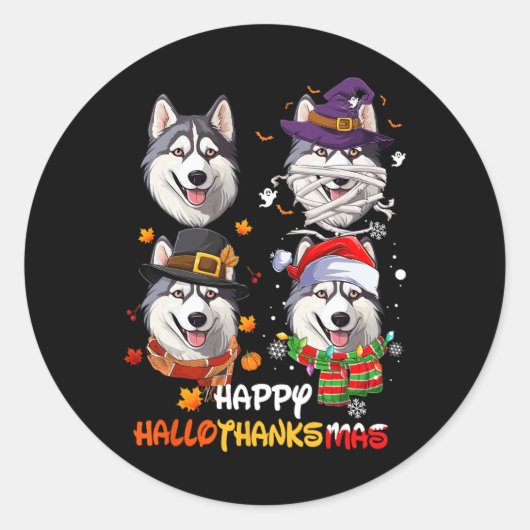 ハスキー犬ハロ感謝祭ハロウィンサンクスギビングXm ラウンドシール (正面)