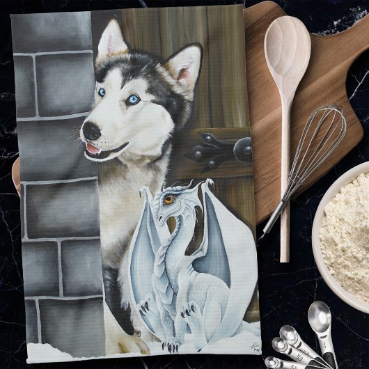 ハスキー犬ホワイトドラゴンアドベンチャー キッチンタオル
