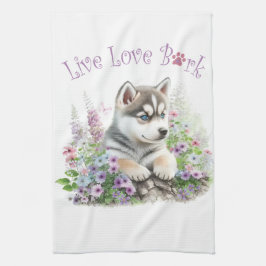 ハスキー犬ママ フローラル キッチンタオル