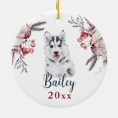 ハスキー犬1stクリスマスかわいい犬の子犬の冬 セラミックオーナメント (裏面)