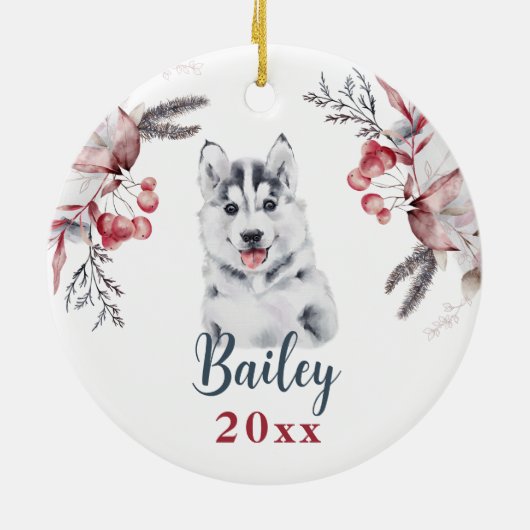 ハスキー犬1stクリスマスかわいい犬の子犬の冬 セラミックオーナメント (裏面)