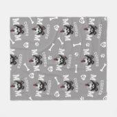 ハスキー犬、グレーの名前パーソナライズされたの繰り返し フリースブランケット (正面(横))