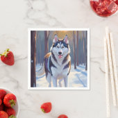 ハスキー犬 | 冬の水彩ペット絵画 スタンダードカクテルナプキン (インサイチュ)