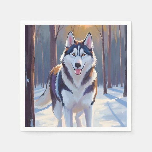 ハスキー犬 | 冬の水彩ペット絵画 スタンダードカクテルナプキン (正面)