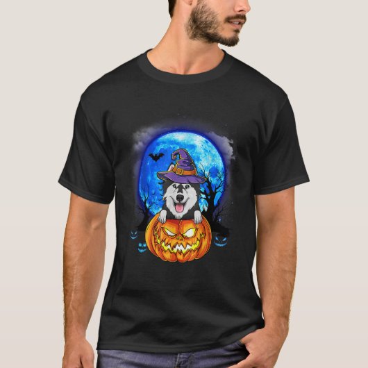 ハスキー魔女ハットカボチャ怖いハロウィン愛犬家 Tシャツ (正面)
