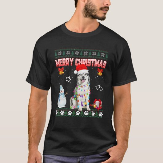 ハスキー・アグリー・クリスマスズ・セーター・クリスマス・ライト・サンタドッグ Tシャツ (正面)