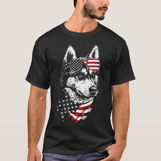 ハスキー・アメリカ米国国旗の愛国心 Tシャツ (正面)