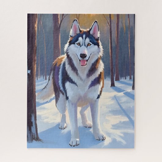 ハスキー | 犬 冬 水彩 ペット絵画 ジグソーパズル (縦)