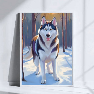 ハスキー 犬 冬 水彩 ペット絵画 ポスター