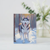 ハスキー | 犬 冬 水彩 ペット絵画 ポストカード (スタンド正面)