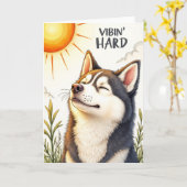 ハスキー「Vibin’ Hard」面白いグリーティングカード カード (黄色い花)