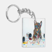 ハスキ間抜けーな子得犬がバケツ絵を描に入る キーホルダー (正面左)