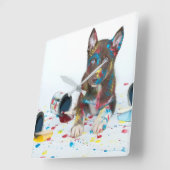 ハスキ間抜けーな子得犬がバケツ絵を描に入る スクエア壁時計 (傾斜)