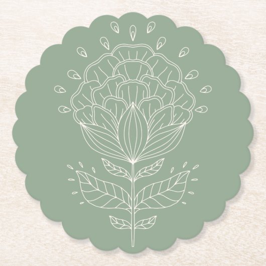 ハス花白線スケッチフローラ緑茎 ペーパーコースター (正面)