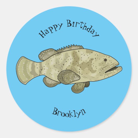 ハタの魚の漫画イラストレーション ラウンドシール (正面)