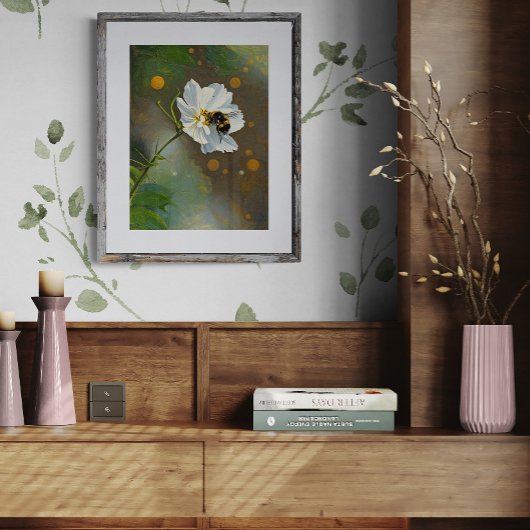 ハチがコスモスの花を花粉する フォトプリント           