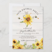ハチとひまわりの花のラスティックウッド誕生日パーティー 招待状 (正面)