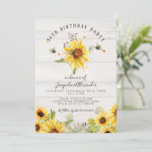 ハチとひまわりの花のラスティックウッド誕生日パーティー 招待状 (スタンド正面)
